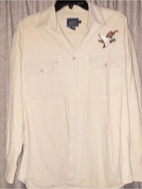 Woolrich Cream Long-Sleeve Button-Up Shirt with Embroidered Bird